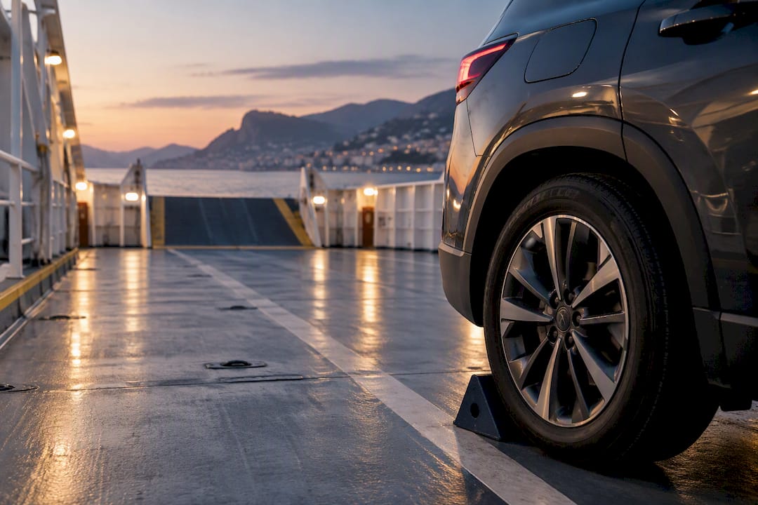 Anonymous vehicle on ferry deck abroad