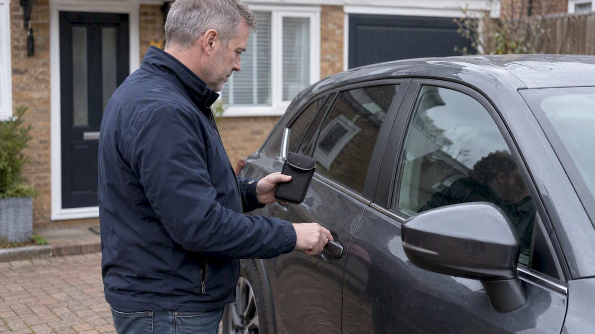 Owner testing a Faraday pouch beside a car