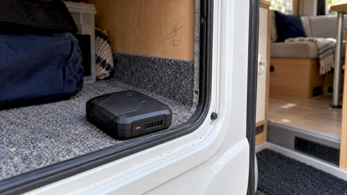 Thatcham S5 tracker beside motorhome storage compartment