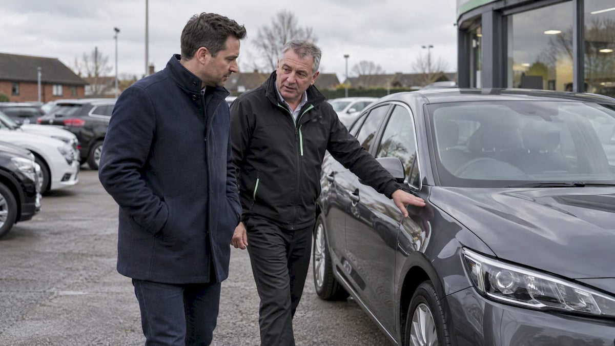 Buyer inspecting a used car at a Birmingham dealership