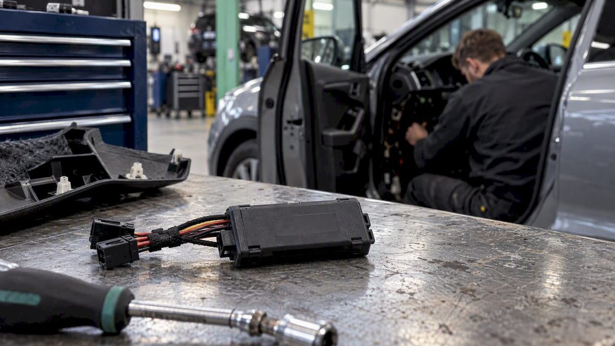 Thatcham S7 tracker in a vehicle fitting bay