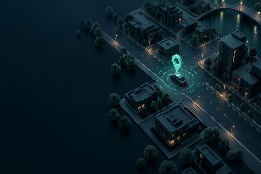 Concept illustration of a vehicle location highlighted on a miniature street map.
